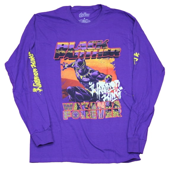 Black Panther Mens Long Sleeve T-Shirt - Wakanda Forever Warrior King Sunset Pose (X-Large)