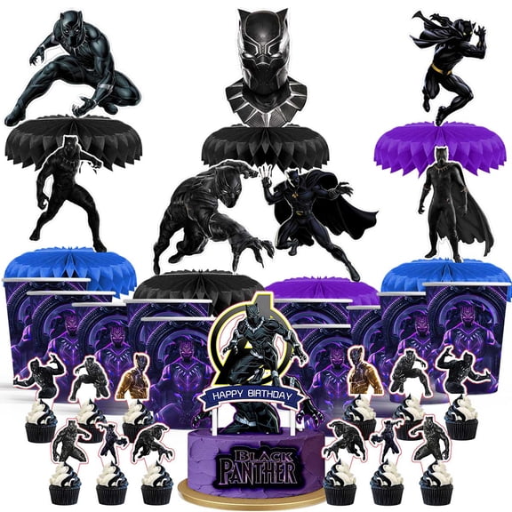 Black Panther Party Supplies Decor Cups Fans Decorations Honeycomb Centerpieces Cake Toppers