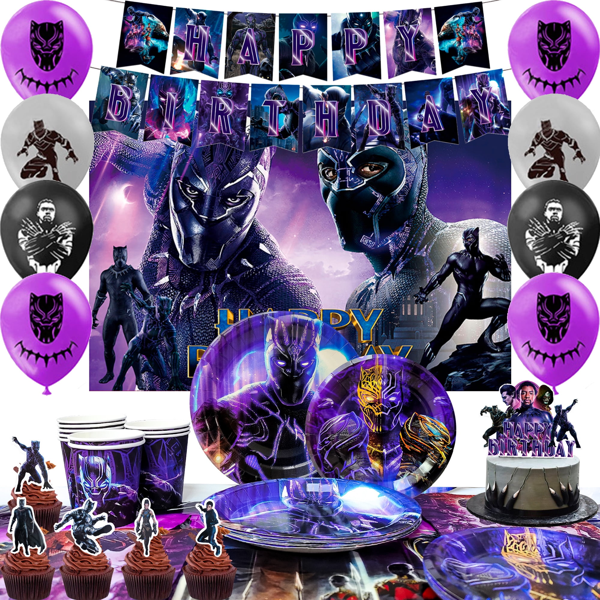 Black Panther Party Supplies & Black Panther Tableware set-Black Panther Birthday Banner Plates Napkins Balloons Cake Toppers etc Black Panther Theme Party Decorations for Boys/Kids