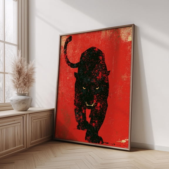 Black Panther Poster Fierce Cat Edgy Red Grunge Art , Poster Print Only