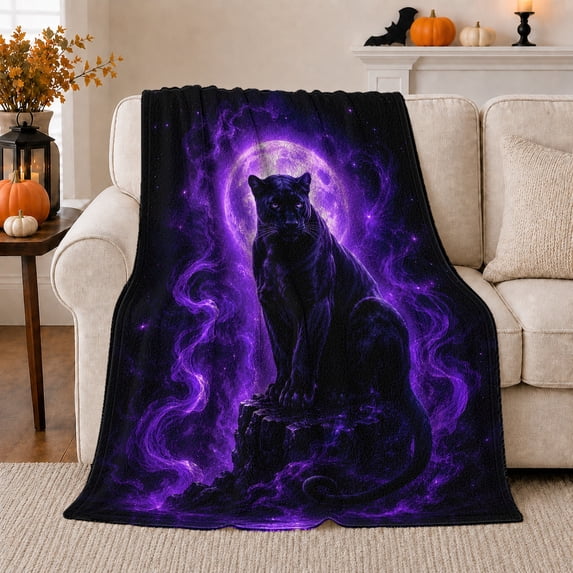 Black Panther under Purple Moon Glow, Mystical Fantasy Style for Wildlife Lovers, Lunar Jungle Guardian and Birthday Gift, Cozy Flannel Blanket for Bedroom and Game Room, Home Decor