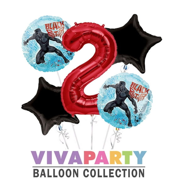 Black Panther Round Balloon Bouquet 5 pc, 2nd Birthday, Red Number 2 Jumbo Balloon | Viva Party Balloon Collection