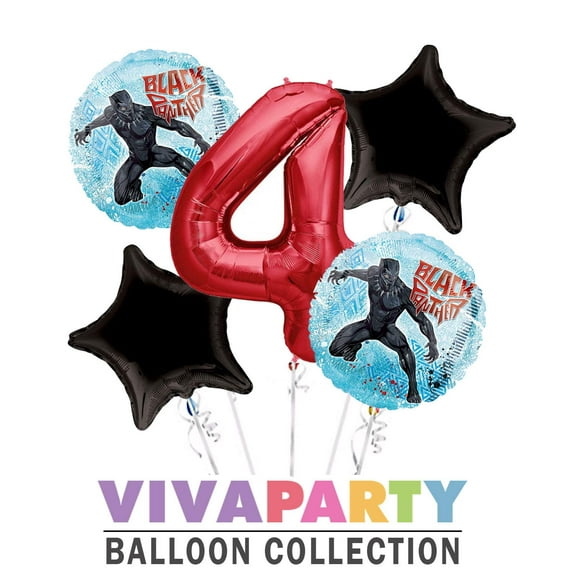 Black Panther Round Balloon Bouquet 5 pc, 4th Birthday, Red Number 4 Jumbo Balloon | Viva Party Balloon Collection