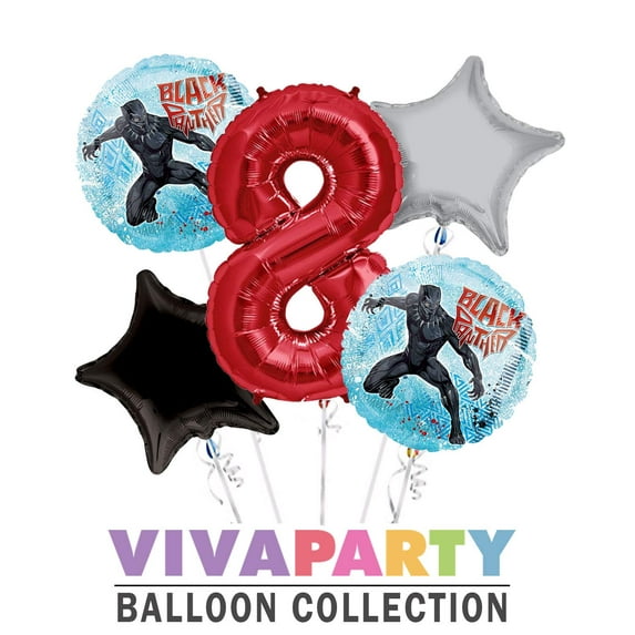 Black Panther Round Balloon Bouquet 5 pc, 8th Birthday, Red Number 8 Jumbo Balloon | Viva Party Balloon Collection