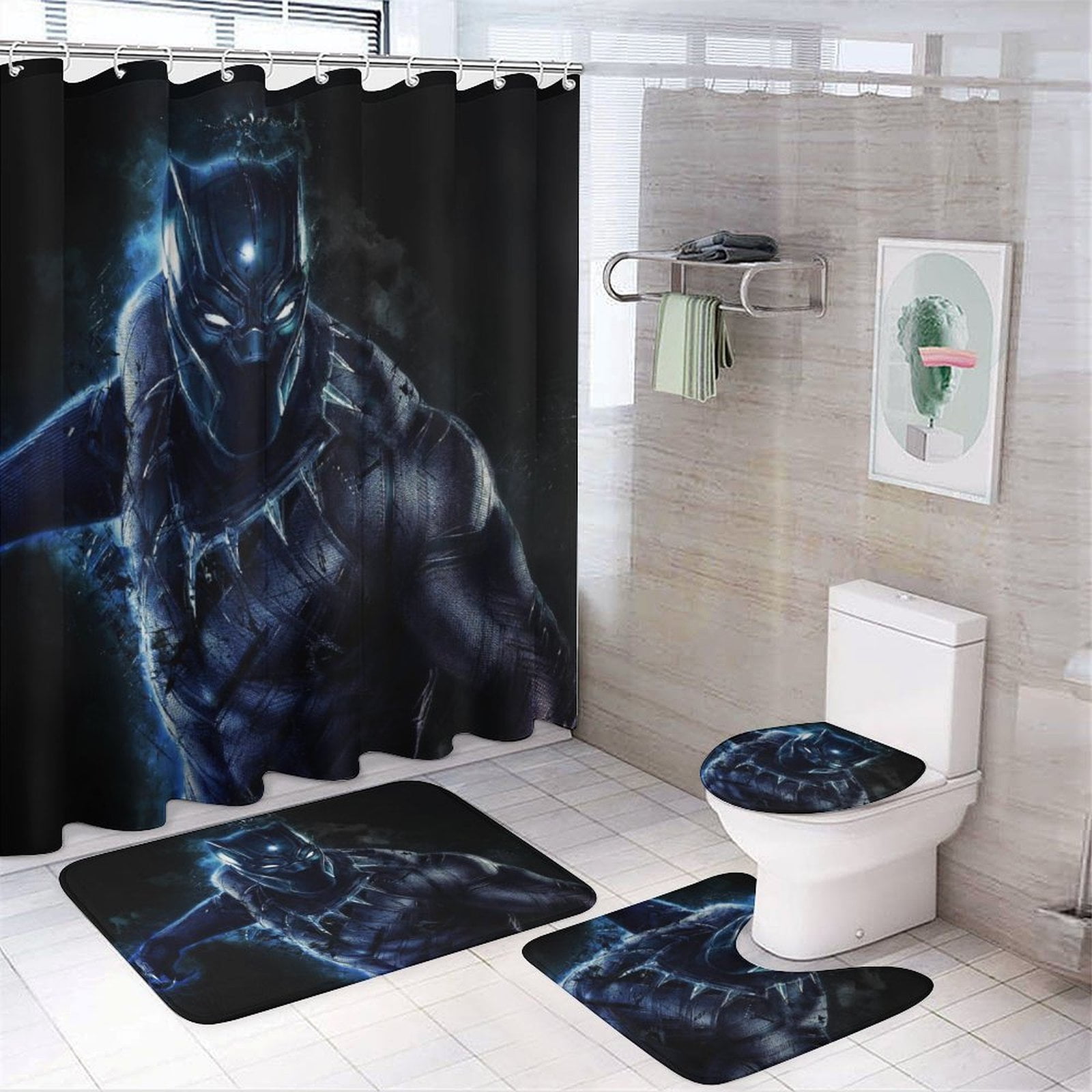 Black Panther Shower Curtain Sets Bathroom Decor Sets with Rug Toilet Lid Cover,Non-Slip Rug and Non-Slip U Shape Mat and 12 Hooks