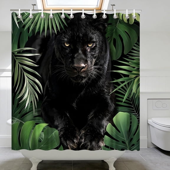 Black Panther Shower Curtain, Tropical Jungle Wildlife, Waterproof Polyester, Digital Print, Bathroom Decor