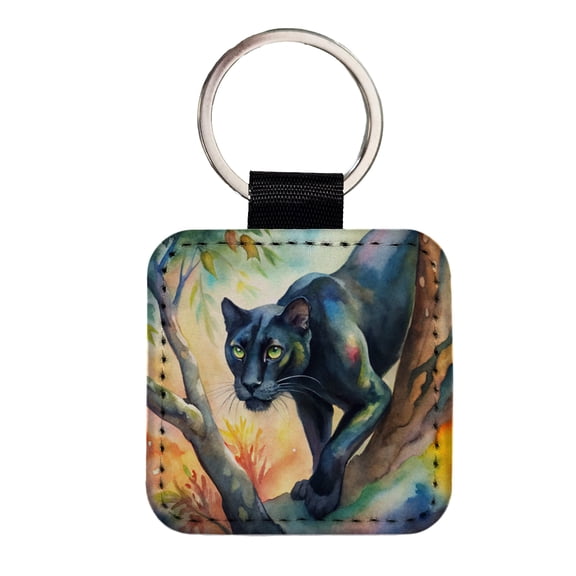 Black Panther Stalking Prey Watercolor Faux Leather Square Keychain