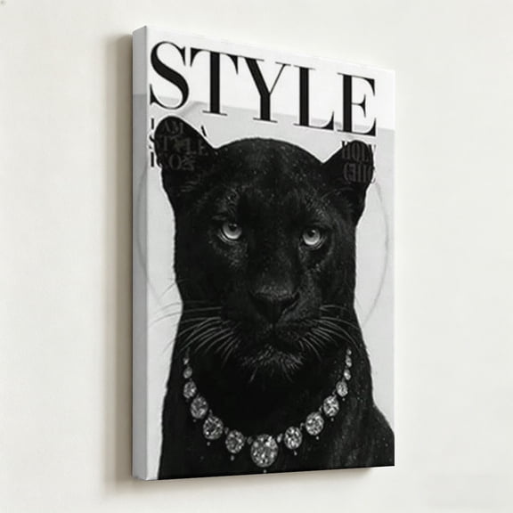 "Black Panther Style Icon" Glam Canvas Art, Vogue High Fashion Magazine Cover Print, Matte Finish Gallery Wrapped Luxury Wildlife Wall Decor 12*16