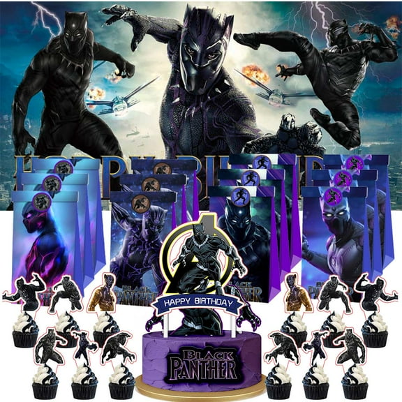 Black Panther Treat Bags Candy Decorations Party Favor Supplies Birthday Cake Topper Backdrop Banner