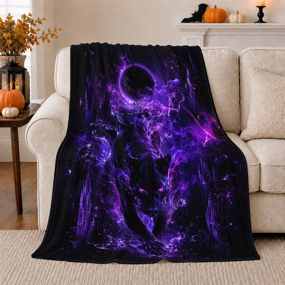 Black Panther beneath a Purple Eclipse, Dramatic Fantasy Style for Wildlife Lovers, Cosmic Jungle Chase and Birthday Gift, Soft Flannel Blanket for Bedroom and Game Room, Home Decor