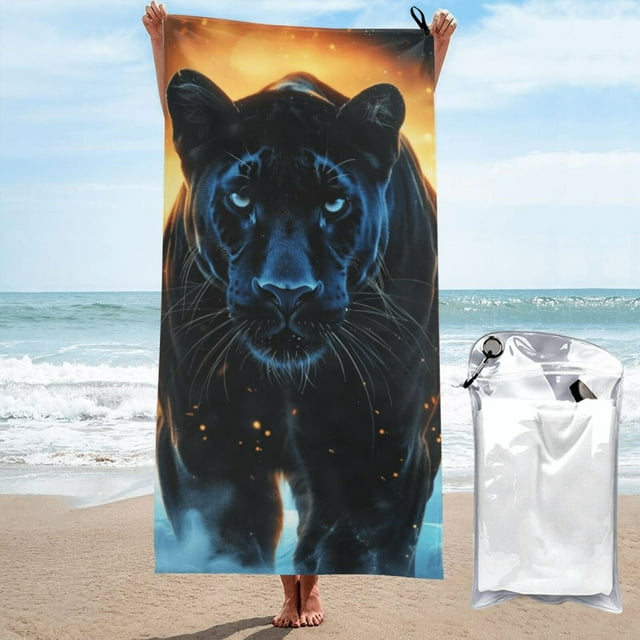Black Panther in the sunset Microfiber beach towel, large sand pool