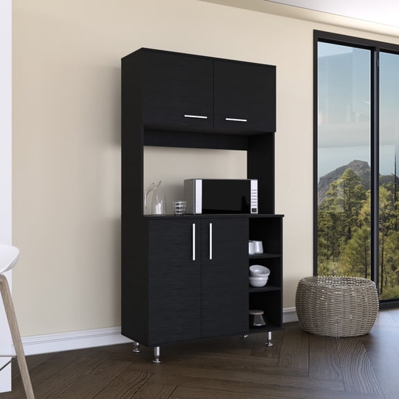 Black Pantry Cabinet With Four Legs, Double Door, Three Integrated Shelves 95 Doors, - Token