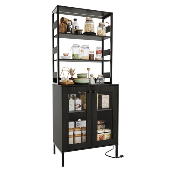 Black Pantry Cabinet with Storage Shelves & Glass Doors, Bakers Rack with Countertop, Coffee Bar Hutch, Microwave Stand for Dining Room or Hallway