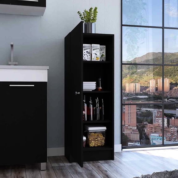 Black Pantry Shelving Cabinet - 4 Shelves, Space Efficient Solution Design Shelves Inside Easy To Put Together, Quality Particle Board