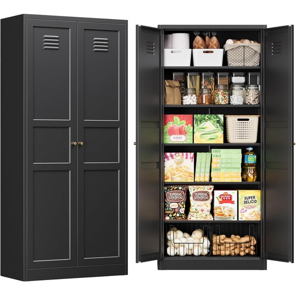 Black Pantry Storage Cabinet 71-Inch High Cupborad Storage Cabinets with Doors and Shelves, Metal Kitchen Cabinet for Home, Dining Room, Bedroom, Living Room, Bathroom(Black)