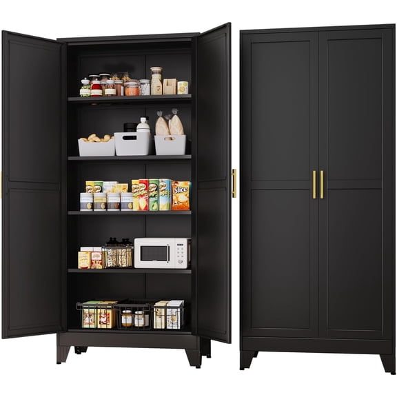 Black Pantry Storage Cabinet,71" Kitchen Pantry with Doors and 4 Adjustable Shelves, Metal Storage Cabinet, for Office, Home, Garage, School