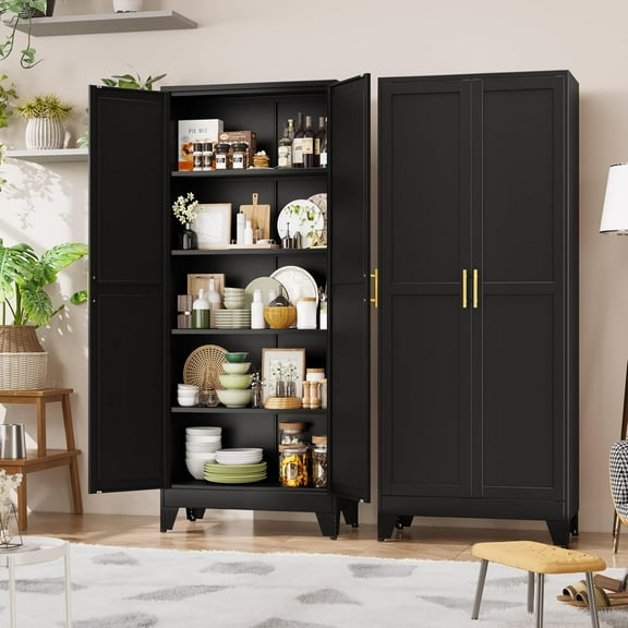 Black Pantry Storage Cabinet,71" Kitchen Pantry with Doors and 4 Adjustable Shelves, Metal Storage Cabinet, for Office, Home, Garage, School