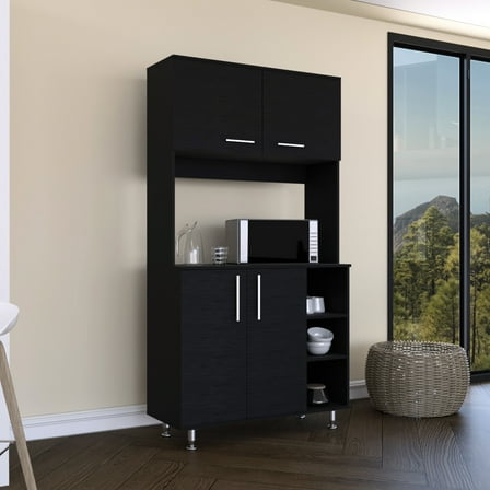 Black Pantry Storage Cabinet With Four Legs, Three Shelves & Office Use 95 Kit Double Door For Kitchen Solution