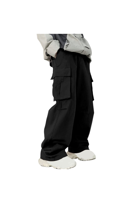 Black Pants for Mens Summer Fall Cargo Track Gym Casual Running Ruched Paperbag Straight Leg Elastic Waist Basic Long Leg Pants Man 2026 Clothes Trendy Y2K XL