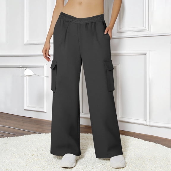 Black Pants Women Women Casual Pants Solid Color Wide LegHigh Waist Workwear Straight Leg Pants Loose Sports Pocket Pants Long Pants Dark Gray S