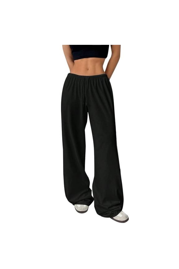 Black Pants for Women Solid Color Long Pants No Pockets Elastic Waistband Wide Leg Flirty Loose Fitting Casual Pants