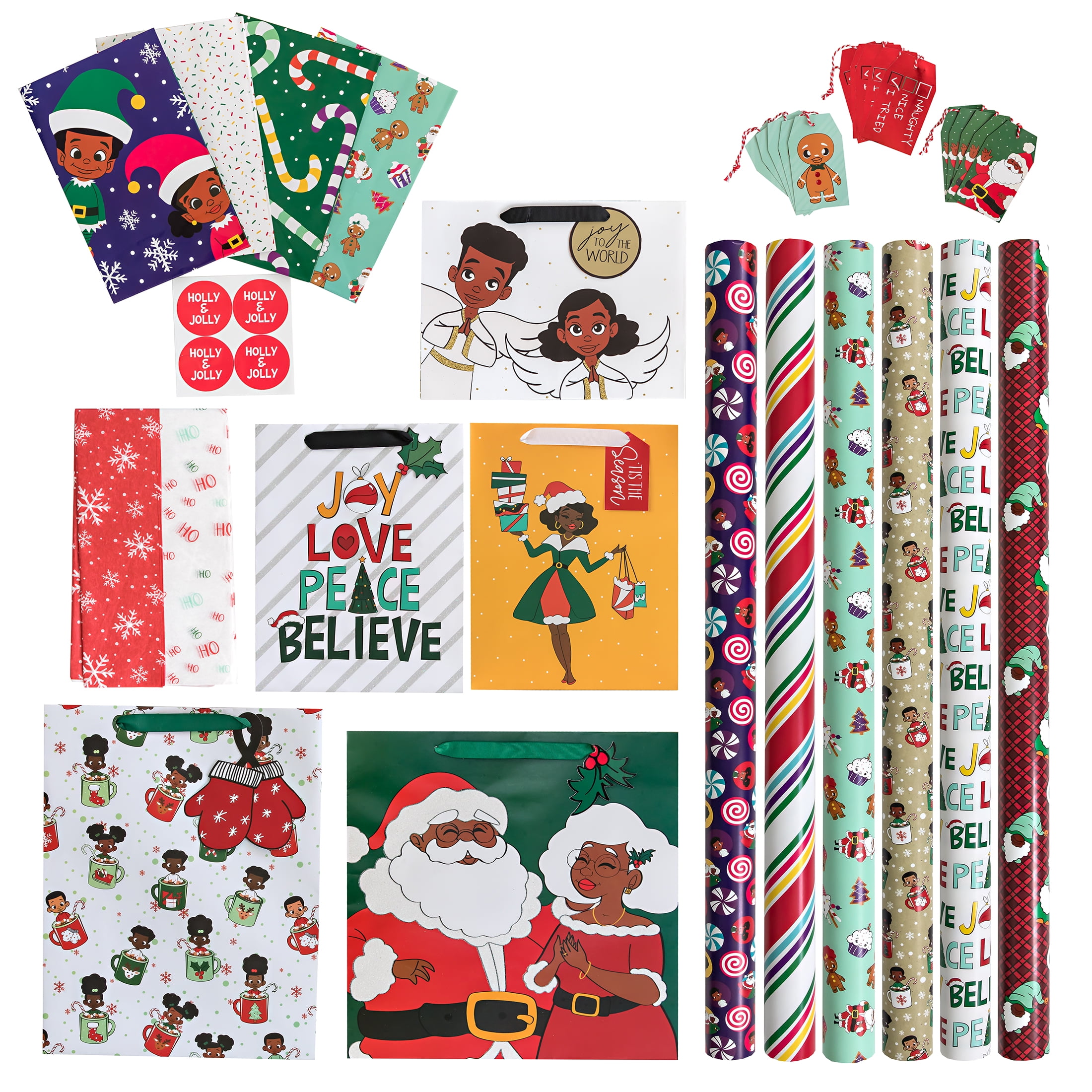 Black Paper Party 40 piece Christmas Gift Wrapping Kit includes gift wrap,  gift bags, gift tags, treat sacks and tissue