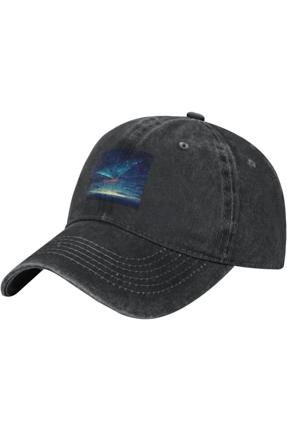 Black Paper Plane in The Starry Sky Picture Washed Cowboy Baseball Cap for Adults - Stylish and Breathable Hat