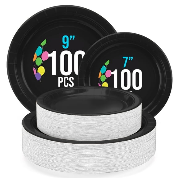 Exquisite Black Disposable Heavy Duty Paper Plates, 7 and 9 Inch, 200 Count, 350 GSM