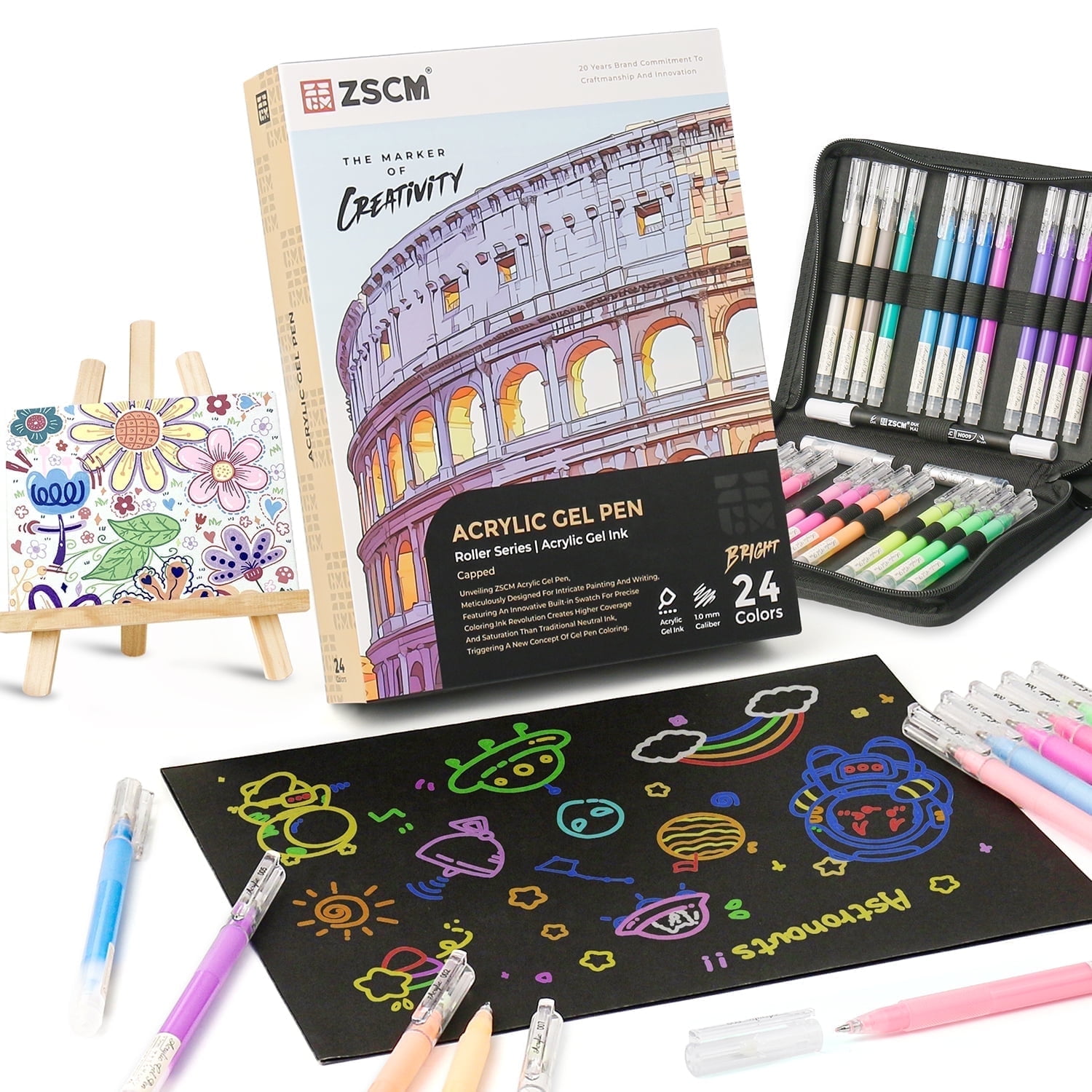 ZSCM Black Paper Sketchbook & 24 Colors Acrylic Gel Pens for Drawing, 1mm Fine Point Acrylic Ink Pen for Black Paper, Sketching, Illustration, Card