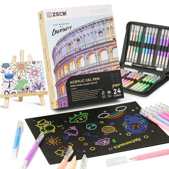 Black Paper Sketchbook & 24 Colors Acrylic Gel Pens for Drawing, 1mm Fine Point Acrylic Ink Pen, Opaque Archival Bright Ink Pens for Black Paper Drawing, Sketching, Illustration, Card Making