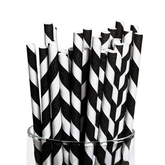 Black Paper Striped Straws (24Pc) - Party Supplies - 24 Pieces