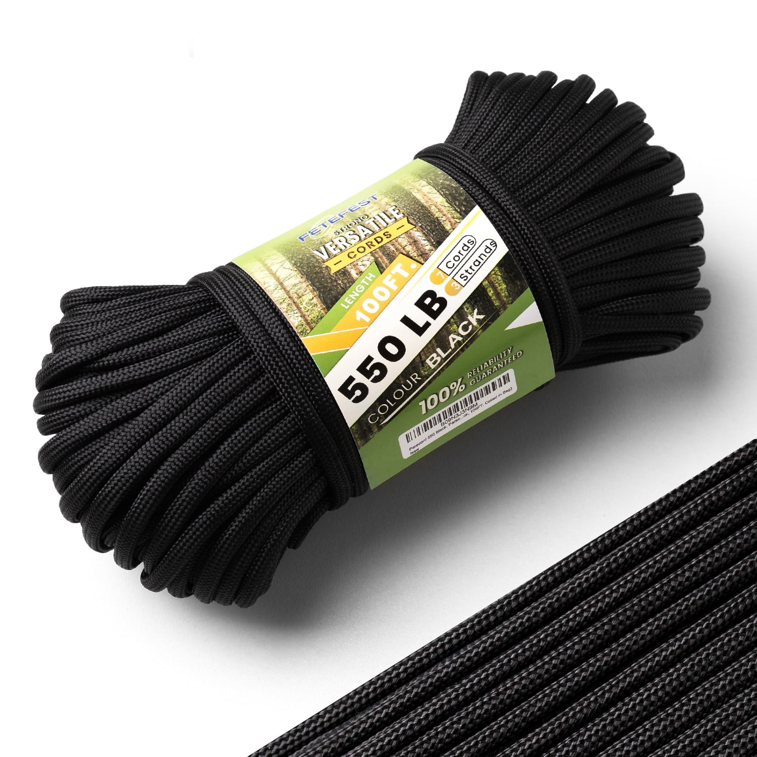 Black Paracord 550, Parachute Cord MilSpec 100FT, 100 Nylon Rope in