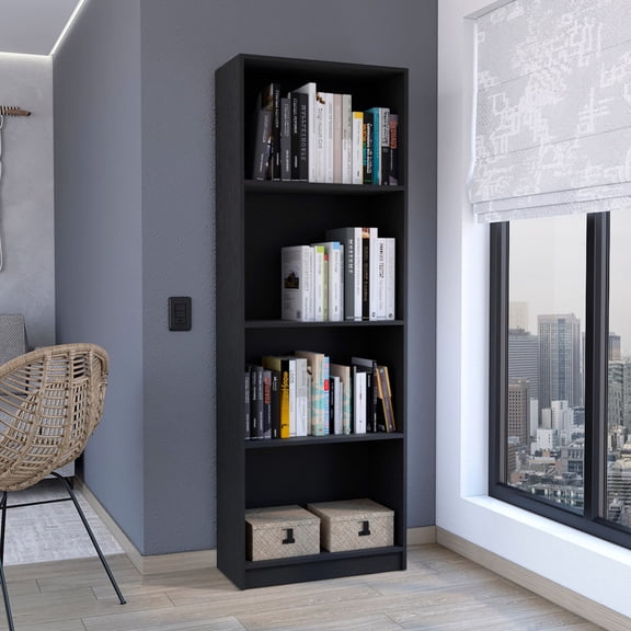 Black Particle Board 4-Shelf Bookcase / Organizes Home Library