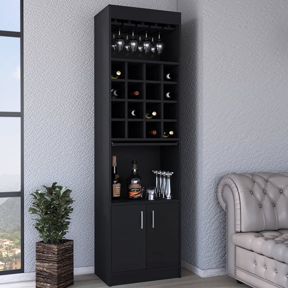 Black Particle Board Bar Cabinet with Wine Rack / Open Shelves in Living Area