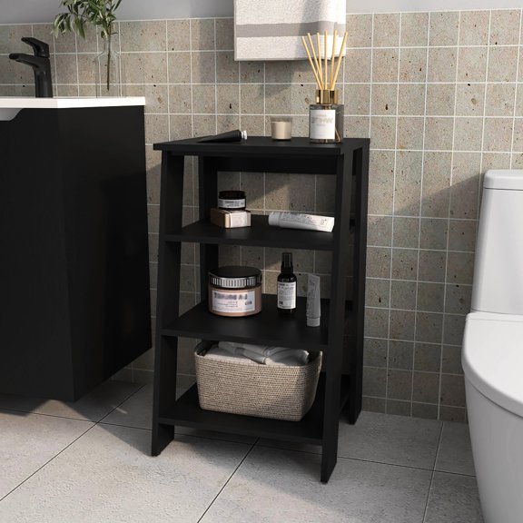 Black Particle Board Bathroom Shelf With 4 Shelves For Organization Freestanding Daily Use