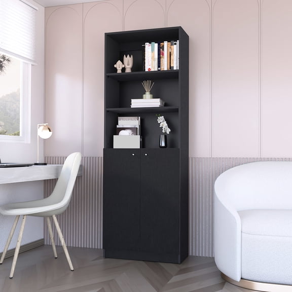 Black Particle - Board Bookcase with Double Doors / Multifunctional, Space - Saving Solution
