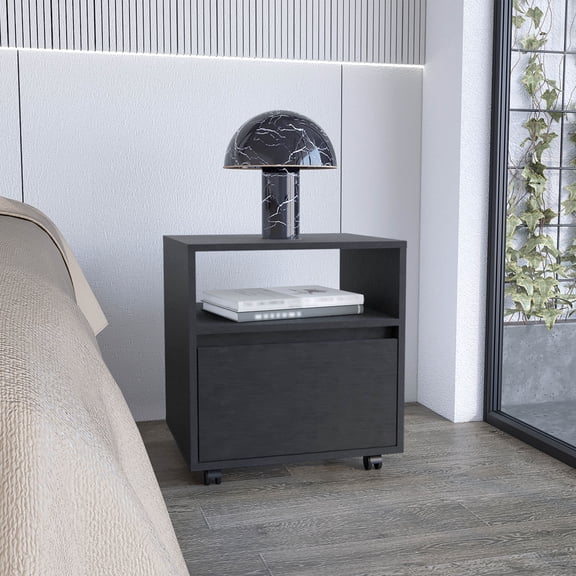 Black Particle Board Nightstand with 1 Drawer & Open Shelf | 20"H Mobile Bedroom End Table with Casters | Modern Wasilla Design