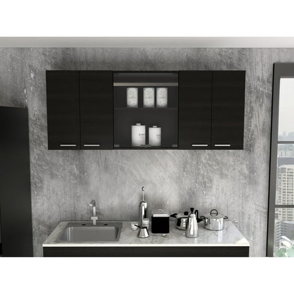 Black Particle Board with Pine Finish - Two Glass-Door Shelves - Kitchen Decorating - Functional Wall Unit