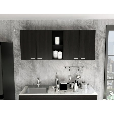 Black Particleboard 150" Wall Cabinet For Kitchen Storage Industrial With Two Shelves, Functional