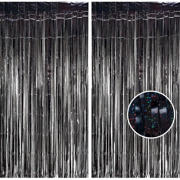 Black Party Foil Fringe Curtains - 2 Pack Metallic Tinsel Photo Booth Streamers Backdrop for Graduation, Boy, Men, Birthday, Stranger Theme, Music, Retirement, Prom Party Decorations