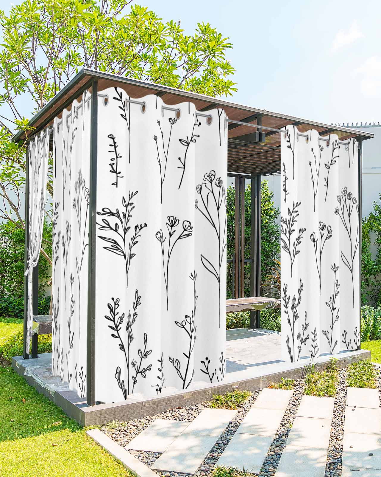 Black Pastoral Floral Outdoor Curtains for Patio, Tropical Bloom Silhouettes Privacy Drapes Grommet Waterproof Outside Curtains for Porch/Cabana/Balcony 54"x 95", 2 Panel