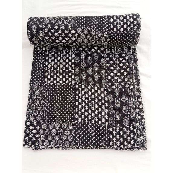 Black Patchwork design Kantha Quilt Handmade Kantha Quilt Unique Design Handmade Kantha Quilted Bedding Bedspread Handblock Print Throw