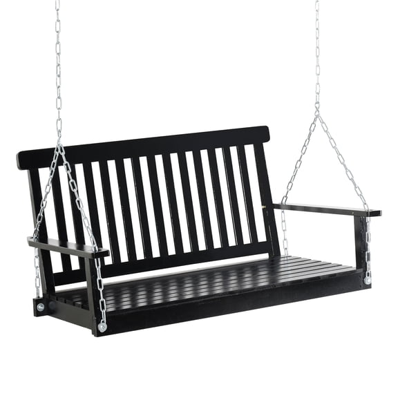 Black Patio Swing Chair Of , 2 Hanging Porch With 440lbs Capacity, Slatted Seat For Enjoyment By Outdoor Pleasure