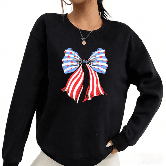 Black Patriotic Bow Print Sweatshirt Graphic Sweatshirt American Holiday Outfit S-3XL Tops