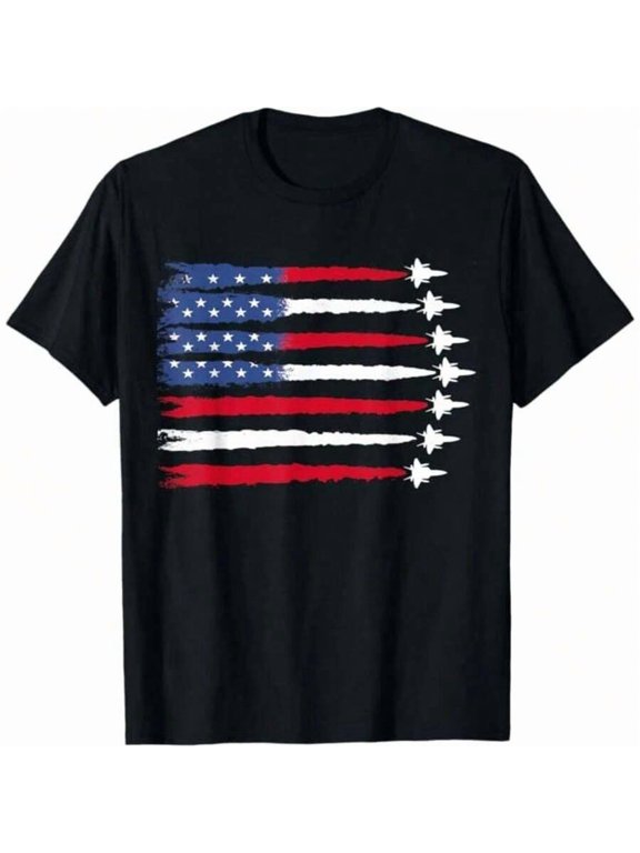 Black Patriotic USA Flag Fighter Jets Graphic T-Shirt For 4th Of July