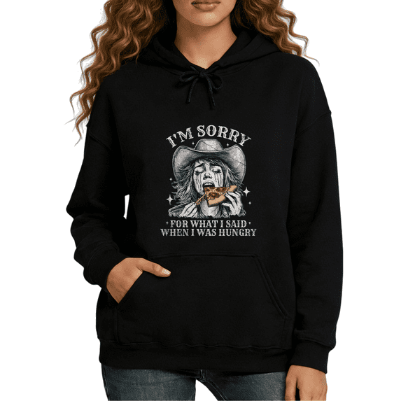 Black Pattern Funny Cowgirl Pizza Hoodie Pattern Sweatshirt Western Humor Fall Fashion S-2XL Tops