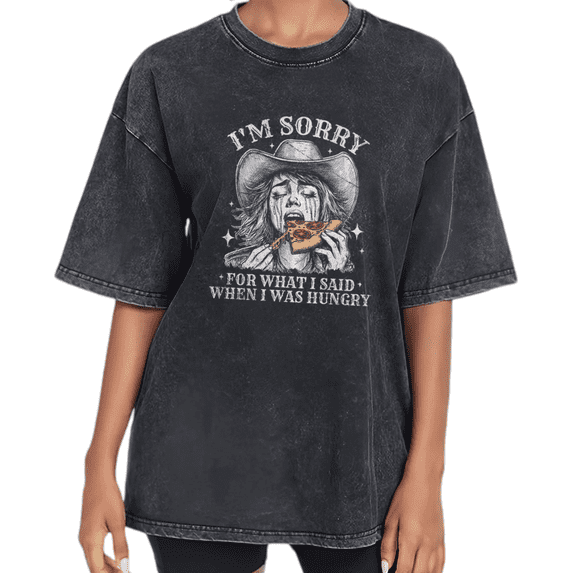 Black Pattern Washed Funny Cowgirl Pizza Tshirt Pattern Tees Vintage Western Humor Fashion Streetwear S-2XL Tops