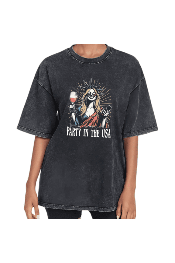 Black Pattern Washed USA Party Girl Tshirt Pattern Tees Vintage Patriotic Summer S-2XL Tops