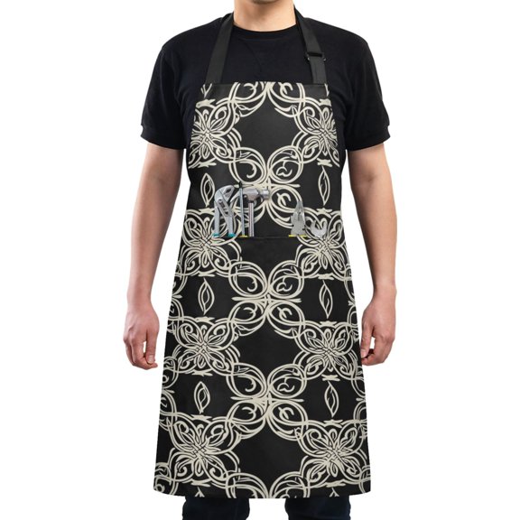 Black Patterned Exquisite Design Chef Kitchen Apron with Pockets for Women Waterproof Aprons for Cooking Baking