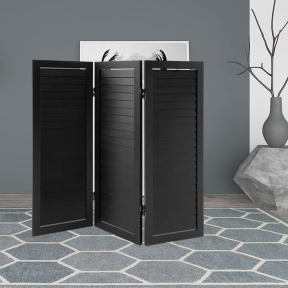 Black Paulownia Wood Iron 90x81cm Three-Sided Folding Partition Screen Shutter Space Privacy Partition Frame